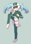  adabana_necromancy blue_hair full_body helmet hoshikawa_lily jacket leg_lift nakkasu pants pants_under_skirt simple_background solo track_jacket twintails visor zombie_land_saga 