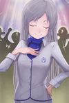  closed_eyes code-aa commentary_request hand_on_hip hand_on_own_chest highres idolmaster idolmaster_(classic) kisaragi_chihaya long_hair silhouette smile star turtleneck white_hair 