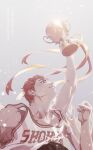  5boys absurdres arm_up bad_source basketball_jersey gold_ribbon highres holding holding_trophy korean_text looking_up male_focus multiple_boys negeotibeu_dungji red_hair sakuragi_hanamichi slam_dunk_(series) smile solo_focus toned toned_male translation_request trophy 