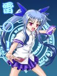  :d blue_hair card hair_ribbon holding holding_card levi_russel long_hair lyrical_nanoha mahou_shoujo_lyrical_nanoha_innocent material-l multicolored_hair open_mouth pleated_skirt private_ten'ou_middle_school_uniform red_eyes ribbon ryuhisho school_uniform short_sleeves skirt smile solo twintails 
