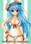  :o alternate_breast_size bikini blue_hair blush breasts choker cleavage collarbone food front-tie_top fruit hand_on_hip hat hinanawi_tenshi large_breasts long_hair looking_at_viewer marker_(medium) millipen_(medium) navel nightmare77zx pastel_(medium) peach pink_eyes side-tie_bikini solo striped striped_background swimsuit touhou traditional_media very_long_hair white_bikini wrist_cuffs 