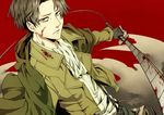  belt blood brown_hair cape ginzakura gloves highres jacket levi_(shingeki_no_kyojin) male_focus paradis_military_uniform shingeki_no_kyojin solo sword weapon 