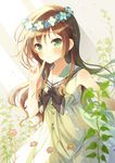  bangs bare_arms blush brown_hair dress finger_to_face flower green_eyes hair_between_eyes hair_flower hair_ornament head_wreath komi_zumiko long_hair looking_at_viewer original sailor_dress sleeveless sleeveless_dress smile solo 