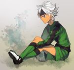  ball earth_eleven gloves goalkeeper headband ibuki_munemasa inazuma_eleven_(series) inazuma_eleven_go inazuma_eleven_go_galaxy male_focus piyokoro sitting soccer_ball soccer_uniform solo sportswear telstar white_hair 