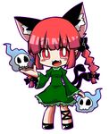  animal_ears blush bow braid cat_ears cat_tail chibi extra_ears fang ghost hair_bow highres jiro-min kaenbyou_rin multiple_tails red_eyes red_hair skull tail touhou twin_braids 