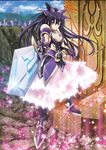  1girl armor armored_dress bow breasts cleavage date_a_live dress gloves hair_bow highres large_breasts long_hair multicolored_dress overskirt purple_eyes purple_hair serious solo sword very_long_hair weapon yatogami_tooka 
