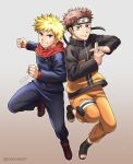 2boys blonde_hair blue_eyes clenched_hands commentary cosplay costume_switch crossover highres itadori_yuuji itadori_yuuji_(cosplay) jacket jujutsu_kaisen jujutsu_tech_uniform male_focus mono_land multiple_boys naruto_(series) naruto_shippuuden open-toe_shoes orange_jacket orange_pants pants pink_eyes pink_hair pouch signature thigh_pouch twitter_username uzumaki_naruto uzumaki_naruto_(cosplay) 