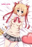  aoba_mina bad_id bad_pixiv_id blonde_hair bow frilled_pillow frills green_eyes hair_ribbon kamikita_komari little_busters! pillow pink_bow plaid plaid_skirt ribbon school_uniform short_hair skirt solo stuffed_animal stuffed_toy teddy_bear 