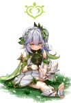  1girl artist_name bare_shoulders blush boots bracelet braid cape closed_mouth commentary dendro_symbol_(genshin_impact) detached_sleeves dress english_commentary enma_(enmanuelart) eyelashes flower-shaped_pupils foot_up full_body genshin_impact grass green_cape green_dress green_eyes green_pupils green_sleeves green_streaks hair_ornament highres jewelry leaf_hair_ornament long_hair looking_at_object looking_down multicolored_hair nahida_(genshin_impact) pointy_ears short_sleeves side_ponytail sitting solo splinter stirrup_footwear symbol-shaped_pupils tearing_up toeless_legwear two-tone_dress two-tone_hair watermark wavy_mouth white_background white_boots white_dress white_hair 