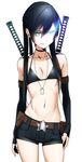  aconitea arm_strap bad_id bad_pixiv_id belt bikini_top black_gloves black_hair black_rock_shooter black_rock_shooter_(character) blue_eyes burning_eye choker collarbone contrapposto cowboy_shot dog_tags elbow_gloves fingerless_gloves flat_chest gloves highres katana light_smile long_hair midriff navel scar short_shorts shorts solo standing stitches sword twintails weapon 