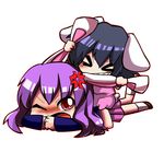  &gt;_&lt; anger_vein animal_ears black_hair bunny_ears bunny_tail chibi clenched_teeth closed_eyes ear_pull inaba_tewi jiro-min lavender_hair multiple_girls red_eyes reisen_udongein_inaba simple_background skirt tail teeth touhou violence white_background 