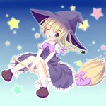  black_dress blonde_hair blue_eyes blush braid broom broom_riding choko_(mixberry_parfait) dress hat kirisame_marisa long_hair one_eye_closed single_braid solo star touhou 