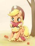  apple_bloom_(mlp) applejack_(mlp) blonde_hair blush bow cowboy_hat cub cutie_mark duo equine eye_contact female feral freckles friendship_is_magic fruit green_eyes hair hat horse mammal my_little_pony navel orange_eyes outside pony raif red_hair sibling tree young 