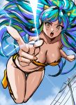  1girl absurdres animal_print aqua_hair bare_shoulders bikini blue_sky breasts cleavage collarbone commentary cone_horns electricity electrokinesis english_commentary enma_(enmanuelart) eyelashes feet_up flying full_body highres horns large_breasts leaning_forward long_hair looking_at_viewer lum open_mouth outdoors pointing pointing_at_viewer shoes sketch sky solo strapless strapless_bikini swimsuit teeth thigh_gap tiger_print tongue unfinished upper_teeth_only urusei_yatsura utility_pole wavy_hair yellow_bikini yellow_eyes yellow_horns yellow_shoes 