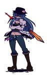  a_clockwork_orange adapted_costume alternate_costume bad_id bad_pixiv_id banned_artist blue_hair boots crossed_arms full_body grin hair_over_one_eye hat highres hinanawi_tenshi jacket long_hair pants parody smile solo style_parody sword touhou twiggytom weapon white_background 