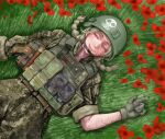  1girl absurdres ammunition_pouch blonde_hair blood_type bulletproof_vest camouflage camouflage_jacket camouflage_pants closed_eyes combat_helmet commission digital_camouflage english_commentary field finnish_flag finnish_text flag_patch flower from_above gloves gondola_(meme) green_helmet helmet highres jacket load_bearing_vest lying m4skedboi meme military military_uniform mm14 original pants patch poppy_(flower) pouch russo-ukrainian_war scar scar_on_arm scar_on_face shoulder_patch smile soldier spurdo_sparde ukraine 