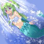  bubble green_hair jewelry long_hair mermaid midriff mofun monster_girl muromi-san namiuchigiwa_no_muromi-san necklace red_eyes scales seashell shell solo twintails two_side_up 