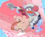  arms_up bib black_eyes colored_skin crossover final_fantasy final_fantasy_ix hat highres holding holding_polearm holding_weapon ice_crystal lickitung pink_background pokemon pokemon_(creature) polearm quina_quen red_eyes tongue tongue_out trait_connection trident weapon white_hat white_skin white_sleeves zen_migawa 