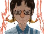  akizuki_ritsuko brown_hair code-aa food funny_glasses glasses idolmaster idolmaster_(classic) shaded_face shrimp shrimp_tempura simple_background smile solo tempura white_background 