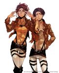  1girl ascot belt black_hair brown_eyes brown_hair emblem german glasses hange_zoe highres ivxxx jacket levi_(shingeki_no_kyojin) paradis_military_uniform ranguage shingeki_no_kyojin short_hair survey_corps_(emblem) thigh_gap thigh_strap three-dimensional_maneuver_gear translated uniform 