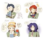  4boys ? ascot black_hair blue_ascot blush character_request closed_mouth commentary_request crossed_arms earrings english_text glasses grey_hair holding_sock inaba_masao jewelry korean_commentary korean_text long_hair long_sleeves looking_at_viewer male_focus multiple_boys nanjou_kei one_eye_closed opaque_glasses open_mouth partially_opaque_glasses persona persona_1 purple_hair red_hair sasibowol school_uniform short_hair simple_background smile socks st._hermelin_school_uniform translation_request unworn_socks upper_body white_background 