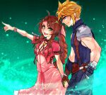  1boy 1girl aerith_gainsborough armor artist_name bandaged_arm bandages bangle belt blonde_hair blue_eyes blue_pants blue_shirt bracelet braid braided_ponytail breasts brown_belt brown_gloves brown_hair choker cleavage cloud_strife couple cowboy_shot cropped_jacket dress final_fantasy final_fantasy_vii final_fantasy_vii_rebirth final_fantasy_vii_remake flower_choker gloves green_eyes green_nails hair_between_eyes hair_bobbles hair_ornament hair_ribbon hand_in_pocket hetero holding_hands jacket jewelry kurohyn lifestream long_hair materia medium_breasts muscular muscular_male nail_polish open_mouth pants parted_bangs pauldrons pink_dress pink_ribbon pointing red_jacket ribbon shirt short_hair short_sleeves shoulder_armor sidelocks single_bare_shoulder single_braid single_pauldron sleeveless sleeveless_turtleneck smile spiked_hair suspenders turtleneck 