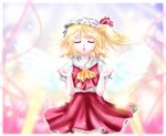  alternate_wings angel_wings ascot blonde_hair closed_eyes flandre_scarlet gradient gradient_background hat hat_ribbon light_particles mob_cap parted_lips puffy_short_sleeves puffy_sleeves ribbon short_hair short_sleeves side_ponytail skirt skirt_set solo touhou tsukiori_sasa wings 