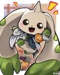  agumon agumon_hakase blurry blurry_background blush border coat digimon digimon_(creature) full_body highres horns indoors lab_coat midair open_mouth single_horn sinobali solo_focus terriermon terriermon_joshu white_border white_coat 