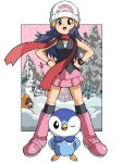  1girl abomasnow beak beanie bird black_hair black_socks blue_eyes blue_hair blush boots breasts dawn_(pokemon) debudebumetabo froslass glaceon hair_ornament hairclip hat highres kneehighs long_hair looking_at_viewer medicham one_eye_closed open_mouth outdoors penguin pink_boots pink_skirt piplup pokemon pokemon_(creature) pokemon_dppt poketch red_scarf scarf shirt skirt sky sleeveless smile snorunt snover snow snowing socks tree watch white_hat wristwatch 