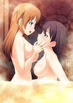  alternate_hairstyle black_hair blue_eyes blush breasts brown_eyes brown_hair charlotte_e_yeager from_side gertrud_barkhorn hair_down hand_on_another's_cheek hand_on_another's_face large_breasts long_hair multiple_girls nipples nude onsen orange_hair smile steam strike_witches takasugi_rinko water world_witches_series yuri 