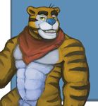  anthro bandanna bedroom_eyes biceps big_muscles black_fur blue_background blue_nose body_markings brown_fur chubby fangs feline fur grin kellogg's looking_at_viewer male mammal markings mascot musclegut muscles nude orange_fur pecs penis plain_background pose smile solo spectral-bat standing stripes suggestive teeth tiger toned tony_the_tiger white_fur yellow_eyes 