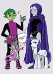  beast_boy blue_eyes blush cape clothed clothing crossover cutie_mark dc_comics dragon english_text equine female feral friendship_is_magic green_eyes green_hair group hair horn horse keterok male mammal my_little_pony open_mouth plain_background pony purple_hair rarity_(mlp) raven_(teen_titans) scalie spike_(mlp) teen_titans text unicorn white_background 