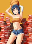  armpits arms_up bad_id bad_pixiv_id bandages bandeau basketball blue_hair book book_stack brown_eyes kanbaru_suruga michitarou monogatari_(series) nisemonogatari red_eyes short_hair solo too_many too_many_books 