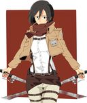  belt black_eyes black_hair boots dual_wielding emblem holding jacket kaika mikasa_ackerman paradis_military_uniform scarf shingeki_no_kyojin short_hair solo thigh_strap three-dimensional_maneuver_gear training_corps_(emblem) weapon 