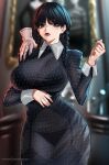  1girl absurdres addams_family arm_under_breasts artist_name black_bra black_dress black_eyes black_garter_straps black_hair black_nails black_panties black_thighhighs blurry blurry_background bra bra_visible_through_clothes braid breasts closed_mouth collar collared_dress commentary cowboy_shot dress english_commentary enma_(enmanuelart) expressionless eyelashes freckles garter_straps goth_fashion hand_on_another&#039;s_shoulder hand_up highres indoors large_breasts long_hair long_sleeves looking_to_the_side nail_polish nose panties panties_visible_through_clothes patreon_username red_lips see-through_clothes see-through_dress solo_focus stitched_hand thighhighs thing_(addams_family) twin_braids underwear wednesday_(netflix) wednesday_addams white_collar 