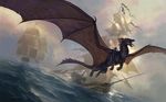  black_body dragon dragon_wings feral flying human male mammal muscles open_mouth rider scalie sea ship size_difference sky spread_wings sun temeraire temeraire_(series) todd_lockwood water william_laurence winged_arms wings 
