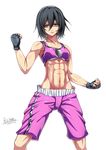  abs bad_id bad_pixiv_id black_hair gloves highres keita_(siruvia9) mikasa_ackerman muscle muscular_female shingeki_no_kyojin short_hair shorts solo sports_bra 