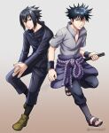  2boys black_eyes black_hair blue_eyes commentary cosplay costume_switch crossover fushiguro_megumi fushiguro_megumi_(cosplay) gradient_background green_shoes highres jujutsu_kaisen jujutsu_tech_uniform male_focus mono_land multiple_boys naruto_(series) naruto_shippuuden sandals shoes signature twitter_username uchiha_sasuke uchiha_sasuke_(cosplay) wristband 