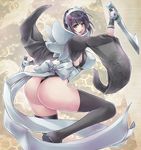  ass blade bow breasts dtcy dual_wielding gauntlets holding iroha_(samurai_spirits) large_breasts lips long_legs looking_at_viewer maid open_mouth reverse_grip samurai_spirits short_hair sideboob smile solo thighhighs thighs wide_sleeves 