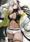  1girl absurdres bare_shoulders black_hair breasts cleavage fate/grand_order fate_(series) green_eyes green_jacket highres jacket jikihatiman large_breasts long_hair long_sleeves looking_at_viewer multicolored_hair multicolored_jacket nagao_kagetora_(fate) navel shorts smile solo thighhighs two-tone_hair two-tone_jacket uesugi_kenshin_(second_ascension)_(fate) white_hair white_jacket white_shorts 