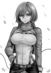  belt black_eyes black_hair boots emblem jacket md5_mismatch mikasa_ackerman oni-noboru paradis_military_uniform scarf shingeki_no_kyojin short_hair solo thigh_strap training_corps_(emblem) 