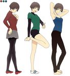  armpits arms_behind_head arms_up barefoot black_legwear bob_cut brown_hair color_guide crossed_legs fashion frown full_body gake_no_ue_no_ponyo jas light_smile lisa_(ponyo) mature md5_mismatch multiple_views no_socks pantyhose pleated_skirt shoes shorts simple_background sitting skirt smile sneakers standing standing_on_one_leg studio_ghibli turtleneck v white_background 