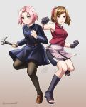  2girls black_gloves black_pantyhose boots breasts brown_eyes brown_hair commentary cosplay costume_switch crossover forehead_protector gloves green_eyes hairband hammer haruno_sakura haruno_sakura_(cosplay) highres holding holding_hammer holding_nail jujutsu_kaisen jujutsu_tech_uniform knee_boots kugisaki_nobara kugisaki_nobara_(cosplay) loafers medium_breasts medium_hair miniskirt mono_land multiple_girls nail_(hardware) naruto_(series) naruto_shippuuden open-toe_boots pantyhose pink_hair pleated_skirt red_hairband red_vest shoes short_hair signature skirt small_breasts twitter_username vest 