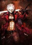  abs back-to-back banpai_akira bat_wings belt crossover dante_(devil_may_cry) devil_may_cry devil_may_cry_3 force_edge_(dmc) grey_eyes grin jacket lavender_hair looking_at_viewer navel open_clothes open_jacket over_shoulder pants remilia_scarlet short_hair smile sword touhou unbuckled_belt weapon weapon_over_shoulder white_hair wings 