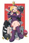  1girl absurdres bare_shoulders blonde_hair blue_eyes bob-omb boots border box bracelet commentary_request covered_navel covered_nipples crossed_legs crown elbow_gloves eyelashes fang gloves highres jewelry long_hair mario_(series) mario_power_tennis mario_tennis omura_zojiki open_mouth outside_border purple_boots purple_gloves sitting solo spiked_bracelet spikes torpedo_ted warupeach white_border 