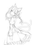  animal_ears bad_id bad_pixiv_id bow braid cat_ears dress extra_ears greyscale hair_bow hand_on_own_face juliet_sleeves kaenbyou_rin lineart long_hair long_sleeves monochrome multiple_tails pointy_ears puffy_sleeves salmon_(saaamon) sketch solo tail touhou twin_braids twintails 