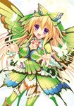  blonde_hair blush bow breasts bug butterfly butterfly_wings cleavage dress fairy green_wings hair_ornament hairband insect kizuki_erika large_breasts long_hair monster_hunter monster_hunter_portable_3rd multicolored multicolored_clothes multicolored_dress open_mouth purple_eyes red_eyes rhopessa_(armor) ribbon skirt smile solo thighhighs wings 