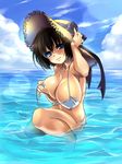  absurdres akagi_rio barefoot bikini black_hair blue_eyes breasts cleavage hat highres huge_breasts lens_flare ocean one_knee original partially_submerged short_hair side-tie_bikini solo straw_hat swimsuit untied water 