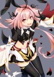  1boy animal_ears armored_skirt astolfo_(fate) astolfo_(saber)_(fate) astolfo_(saber)_(second_ascension)_(fate) black_bow black_bowtie black_gloves black_skirt black_thighhighs black_vest blush bow bowtie buttons collar cropped_vest crossdressing crossdressing_(mtf) dot_nose fake_animal_ears fang fate/grand_order fate_(series) gloves grey_background hair_bow hair_intakes heart holding holding_weapon loafers long_hair long_sleeves male_focus midriff miniskirt multiple_hair_bows narim navel open_mouth pink_hair pleated_skirt purple_eyes rabbit_ear_headwear shoes simple_background single_hair_streak skin_fang skirt smile solo thighhighs trap twintails very_long_hair vest weapon white_collar white_hair white_sleeves zettai_ryouiki 