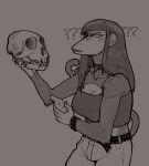 2025 5_fingers alternative_fashion anthro arm_tuft bangs bared_teeth belt beth_(redustheriotact) bone bottomwear bracelet brown_background camisole cellphone clothed clothing collar elbow_tuft electronics female fingers goth hair haplorhine hi_res holding_cellphone holding_object holding_phone holding_skull holding_smartphone jewelry long_hair mammal monkey monochrome pants phone pointy_breasts primate purple_eyes question_mark selective_coloring shoulder_tuft simple_background skull smartphone solo spiked_collar spiked_tailband spikes studded_belt studded_bracelet studded_jewelry studs tuft zytkal